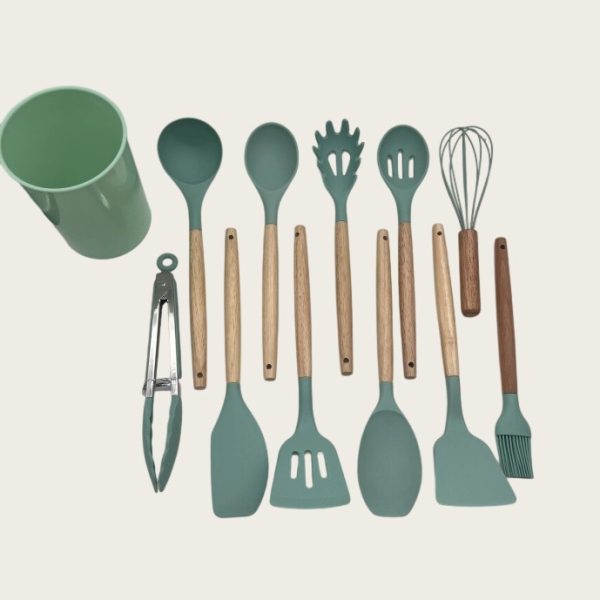 non stick cookware cooking set with storage bucket, pink wooden handle, silicone cookware 11 piece set (copy)