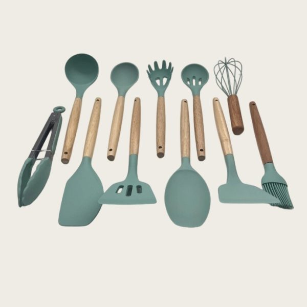 non stick cookware cooking set with storage bucket, green wooden handle, silicone cookware 11 piece set