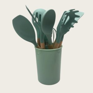 non stick cookware cooking set with storage bucket, green wooden handle, silicone cookware 11 piece set