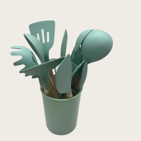 non stick cookware cooking set with storage bucket, green wooden handle, silicone cookware 11 piece set