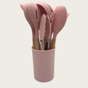 non stick cookware cooking set with storage bucket, pink wooden handle, silicone cookware 11 piece set