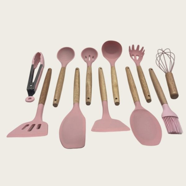 non stick cookware cooking set with storage bucket, pink wooden handle, silicone cookware 11 piece set