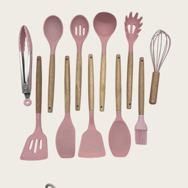 non stick cookware cooking set with storage bucket, pink wooden handle, silicone cookware 11 piece set